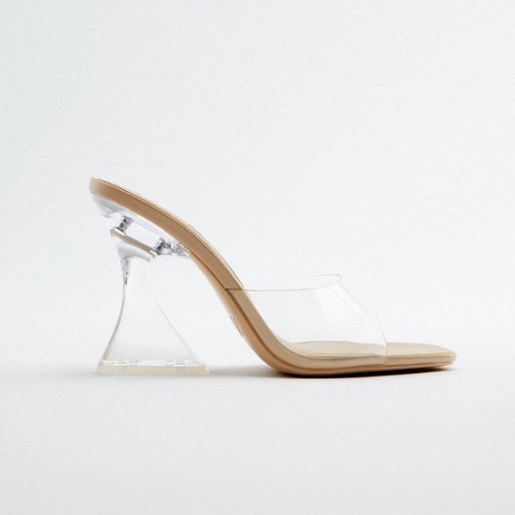 Zara METHACRYLATE & VINYL HEELED SANDALS Squared Toe Clear/Beige Size 11/42 NEW - Picture 6 of 8